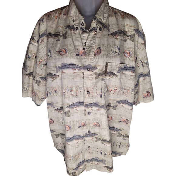 Magellan Mens Shirt Tan/Khaki Fish Design Short Sleeve Sz L - Picture 2 of 6